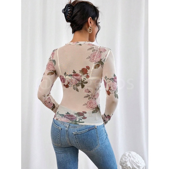 White Floral Print Mesh Sheer Shirt Top Long Sleeve See-Through, Transparent - Picture 5 of 7